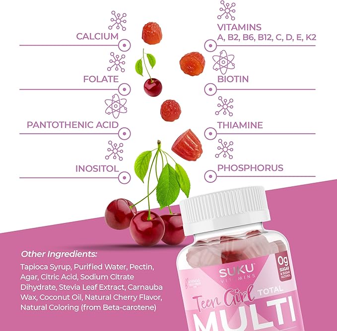 SUKU Teen Girl Multivitamin Gummies – Vitamins A, B12, C, D3, E, Biotin & Zinc – Sugar-Free Vegetarian Supplement for Skin, Energy, Immune & Bone Health – Cherry Flavor – 60 Count