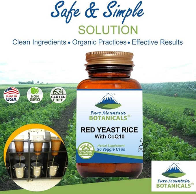 Pure Mountain Botanicals Red Yeast Rice with CoQ10 90 Kosher Vegan Capsules Now with 600mg Organic Red Rice Yeast Plus Co Q 10