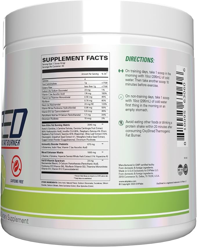 EHP Labs OxyShred Non Stimulant Pre Workout Powder - Stim Free Pre Workout, Caffeine Free Preworkout for Men & Women - Non Stim Preworkout - Sugar Free Energy Powder - Mojito, 60 Servings