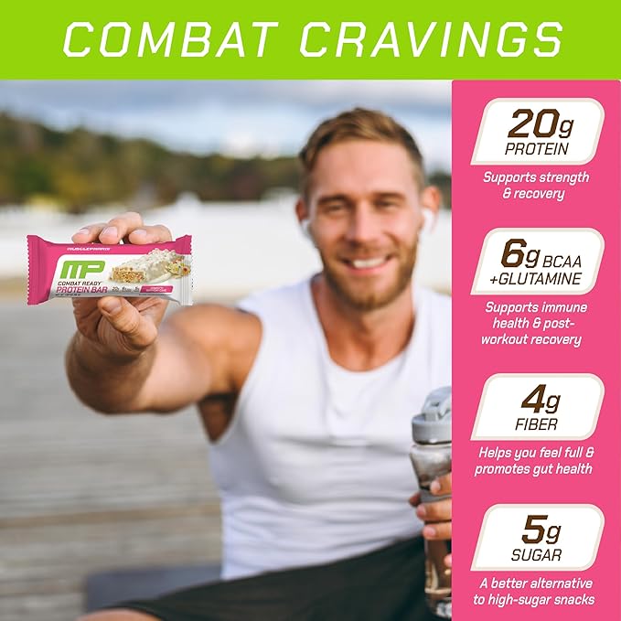 MusclePharm Combat Ready Protein Bar, Confetti Cake High Protein Bars, Combat Cravings, Fuel Performance & Meet Energy Demands, 20g Protein from Whey Protein, 4g Fiber, Gluten Free, 4 Bars