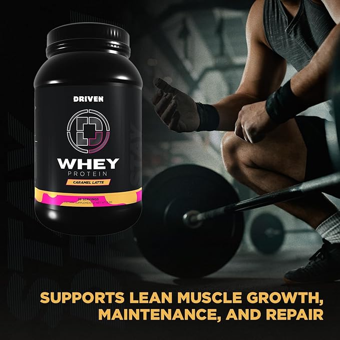 Driven WHEY- Grass Fed Whey Protein Powder: Delicious, Clean Protein Shake- Improve Muscle Recovery with 23 Grams of Protein with Added BCAA and Digestive Enzymes (2 lb, Caramel Latte)