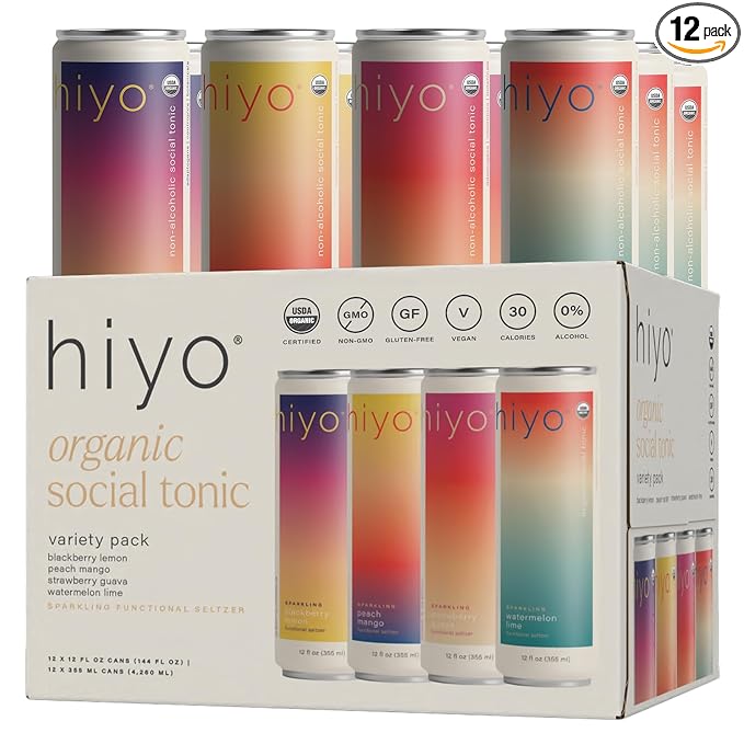 Hiyo Organic Social Tonic – Variety Pack, 12 Pack - N.A. Functional Seltzer, Sparkling Water Crafted with Organic Adaptogens, Nootropics & Botanicals