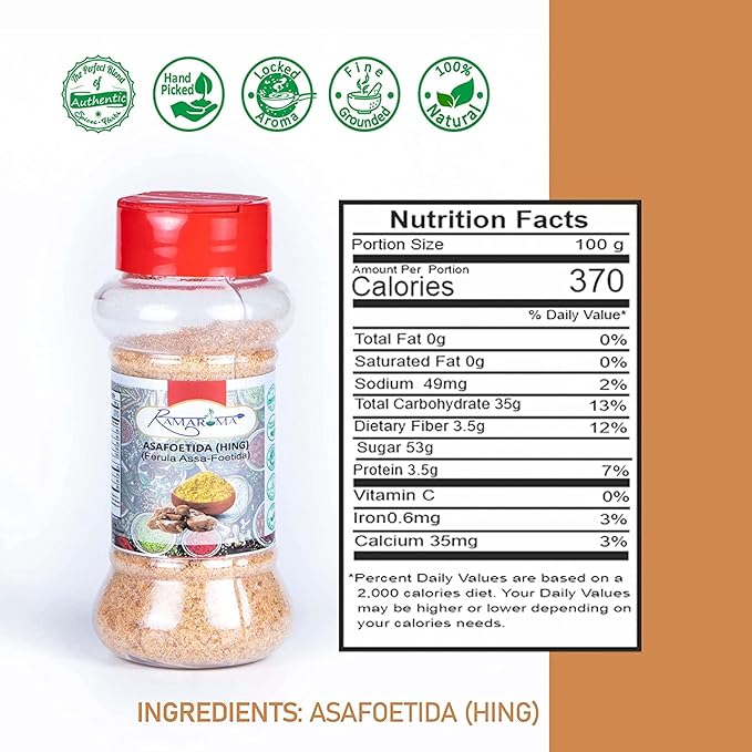 Ramaroma Asafetida (Hing) Ground 3.5oz (100g) ~ All Natural | Salt Free | Vegan | Non-GMO | Asafoetida Indian Spice | Best for Onion Garlic Substitute