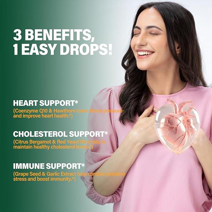 Citrus Bergamot Exrtact Supplement for High Cholesterol, High and Fast Absorption, 6-in-1 Blend Herbal Drops for Heart & Immune Support w/Grape Seed, Garlic Extract. 2oz