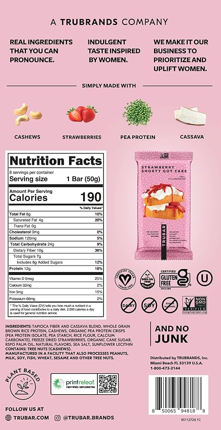TRUBAR Vegan Protein Bar, Strawberry Shorty Got Cake, Gluten Free, Plant Based Protein, Dairy Free, Non GMO, Soy Free, No Sugar Alcohols, 12G Protein, 12G Fiber, 23G Carb, On the Go Snack Bars, 8 CT