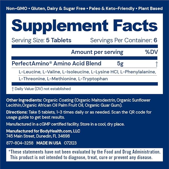 BodyHealth PerfectAmino Easy to Swallow Tablets, Essential Amino Acids Supplement with BCAAs, Vegan Protein for Pre/Post Workout & Muscle Recovery with Lysine, Tryptophan, Leucine (36 Servings)
