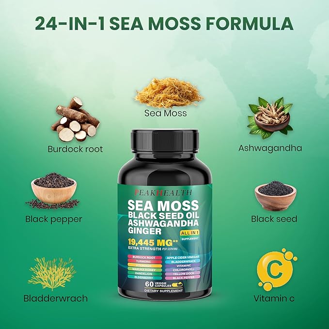 Shilajit + Sea Moss Capsules Bundle – 2 Bottle Combo with Ashwagandha, Panax Ginseng, Rhodiola & Black Seed Oil – 19,445mg Herbal Formula – Energy & Immune Support – 60 Capsules Each,Easy to Swallow