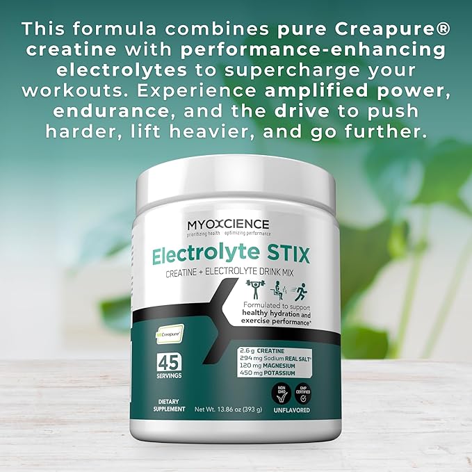 MYOXCIENCE Electrolyte STIX | Creatine Electrolyte Powder | Recovery from Exercise & Muscle Development w/Real Salt (Unflavored) (Jar 45 ct)