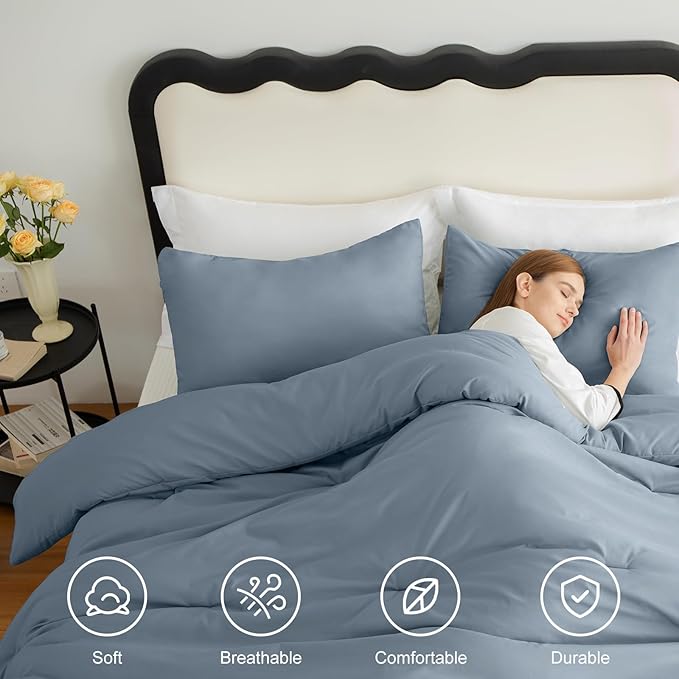 CozyLux Grayish Blue Comforter Set King Size, 3 Pieces Solid Breathable Quilted Boho Style Bedding Sets, Luxury Fluffy Soft Microfiber Comforter for All Season(1 Comforter & 2 Pillowcases)