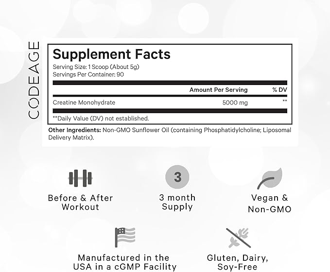 Codeage Liposomal Creatine Powder Supplement - 3-Month Supply - 5000mg Creatine Monohydrate Pre Workout & Post Workouts - Unflavored Creatine, Pure Creatine Powder, Creatinine for Sports - 90 Servings