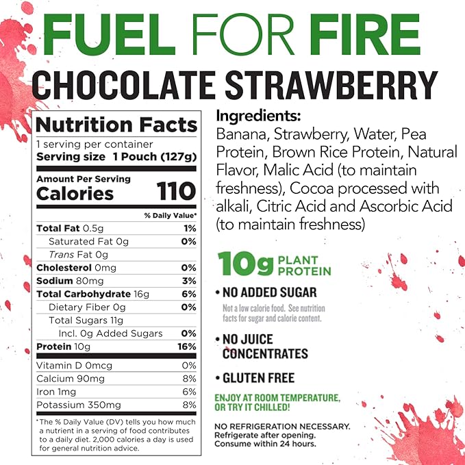 Fuel for Fire VEGAN Protein Smoothie Pouch - Chocolate Strawberry (24-Pk) | Healthy Snack & Recovery | No Sugar Added, Dietitian Approved | Plant Based Functional Fruit Smoothies (4.5oz pouches)