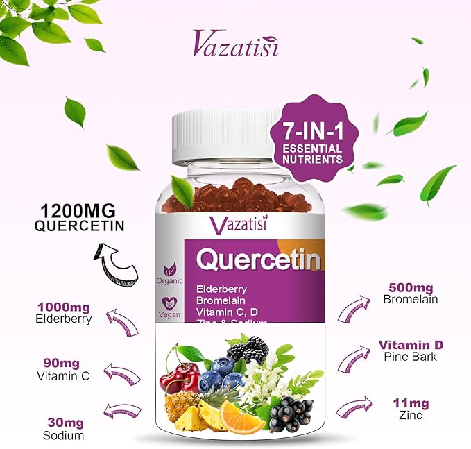 Quercetin Gummies, Quercetin with Vitamin C Zinc, Bromelain, Elderberry and Vitamin D, Immune Support Adults Kids, Women Men 120 Gummies Chewable