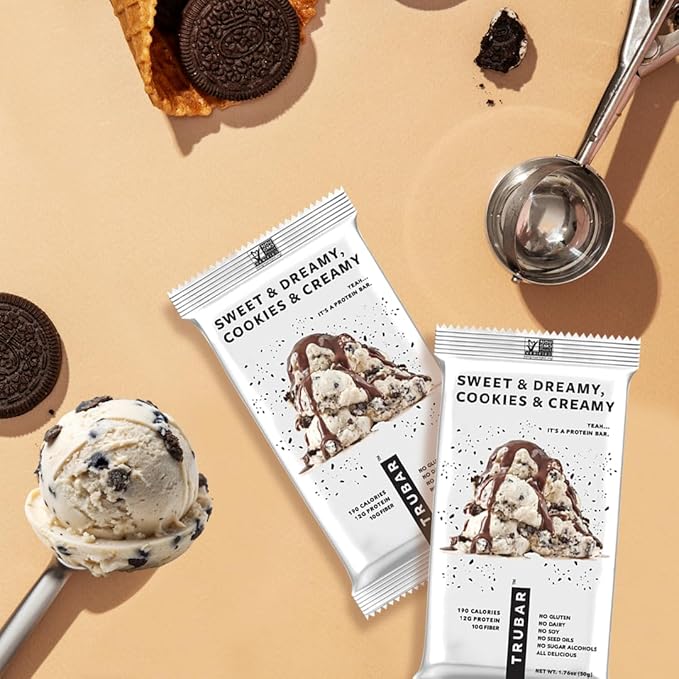 TRUBAR Vegan Protein Bar, Sweet & Dreamy Cookies and Creamy, Gluten Free, Plant Based Protein, Dairy Free, Non GMO, Soy Free, No Sugar Alcohols, 12G Protein, 12G Fiber, 23G Carb, On the Go Snack Bars, 8ct