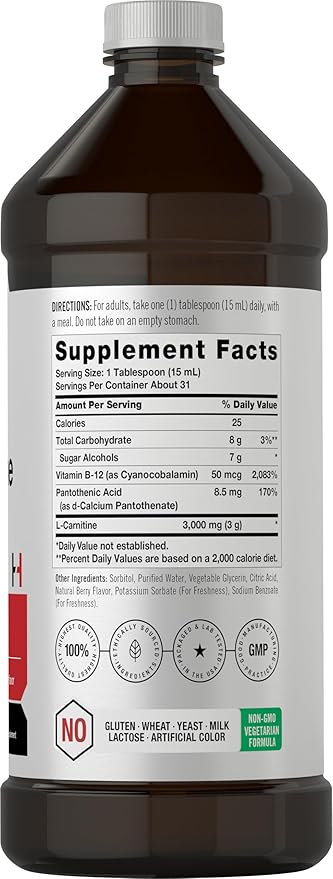 Horbäach L-Carnitine Liquid 16 oz | 3000 mg | Berry Flavor | Vegetarian Formula | Non-GMO, Gluten Free Supplement