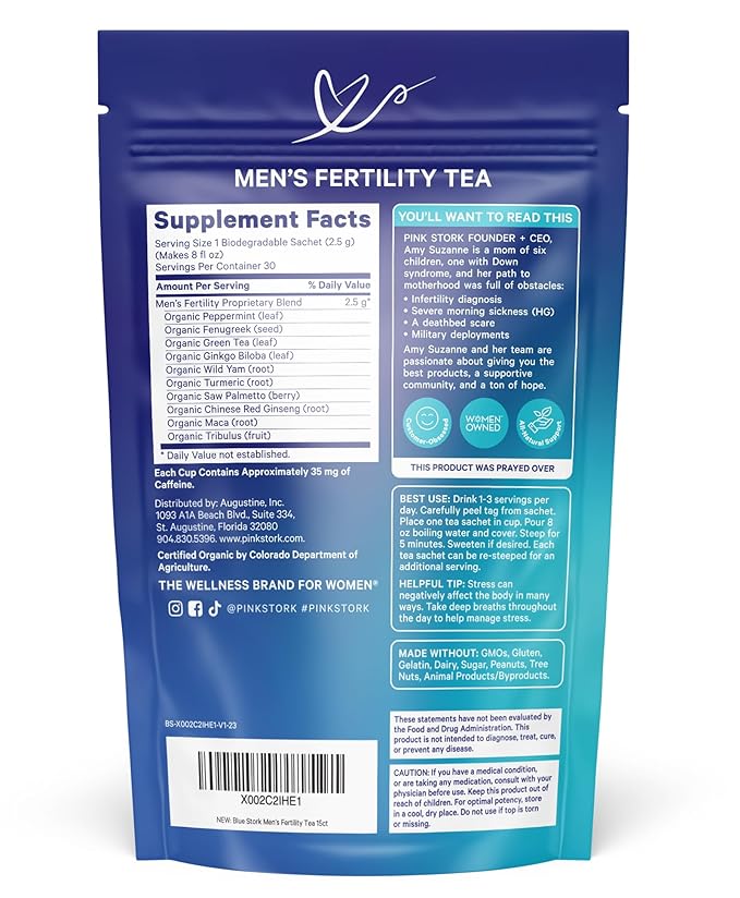 Blue Stork Men's Fertility Tea: Organic Fertility Supplements for Men, Green Tea, Maca Root, and Ginkgo Biloba for Male Reproductive Health, Mint, 15 Sachets