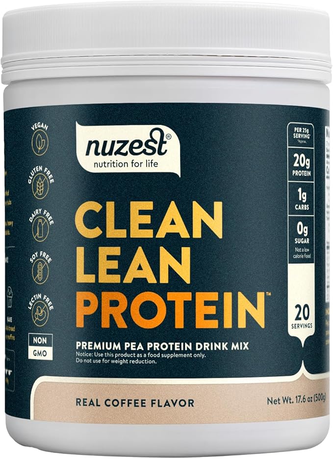 Nuzest - Pea Protein Powder - Clean Lean Protein, Premium Vegan Plant Based Protein Powder, Dairy Free, Gluten Free, GMO Free, Protein Shake, Real Coffee, 20 Servings, 1.1 lb
