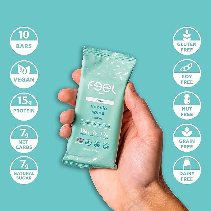 Feel Vegan Protein Bars | Vanilla Chai Bliss | Keto | Gluten Free | Organic | Kava | 15g Plant Protein | Low Carb | High Protein | Dairy Free | Low Sugar | Grain Free | Nut Free | Soy Free | Non GMO - (Coconut Chai 10 Pack)