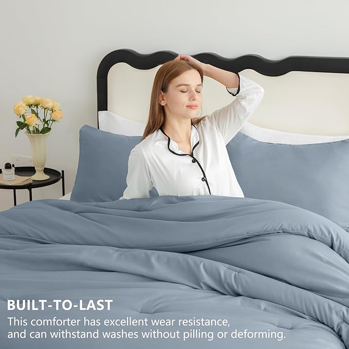 CozyLux Grayish Blue Comforter Set King Size, 3 Pieces Solid Breathable Quilted Boho Style Bedding Sets, Luxury Fluffy Soft Microfiber Comforter for All Season(1 Comforter & 2 Pillowcases)