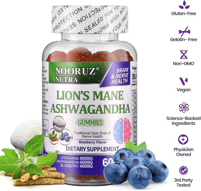 Ashwagandha & Lion's Mane Mushroom& Blueberry Gummies Vegan | Plant-Based Extracts | Non-GMO | Gluten-Free | Gelatin-Free Supports Cognitive and Memory Health
