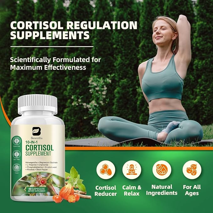 Cortisol Supplements for Women, 10-in-1 Cortisol Reducer Manager Supplements with Ashwagandha, Magnesium Glycinate, L-Theanine, Rhodiola, Non-GMO, 60 Vegan Capsules