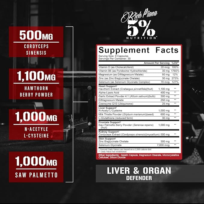 5% Nutrition Rich Piana Liver & Organ Defender Cycle Support Plus NAC | Liver Support, Prostate Supplement, Heart, Kidney, Skin Support | Milk Thistle, Saw Palmetto, Hawthorn Berry (30-90 Servings)