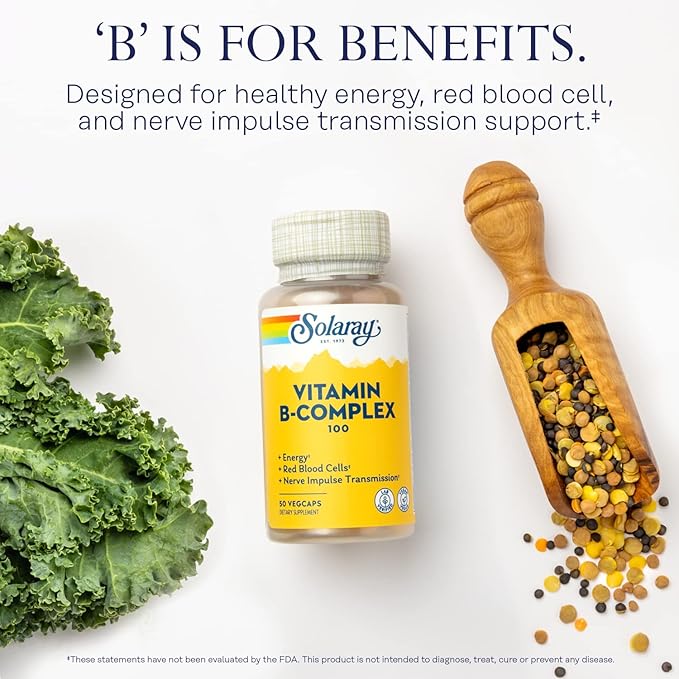 SOLARAY Vitamin B Complex 100 mg, Healthy Energy Supplement, Red Blood Cell Formation, Nerve & Immune Support, Super B Complex Vitamins with Folic Acid, Vitamin B6, B12, Biotin & More, Vegan, 50ct