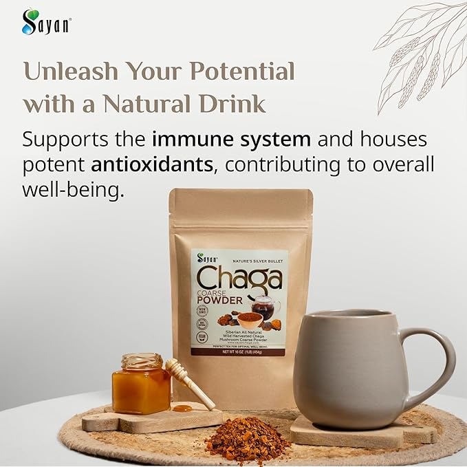 Sayan Siberian Pure Raw Coarse Chaga Powder 1lb / 454g – Premium Wild Forest Harvested Super Antioxidant Tea – Supports Immune System and Digestive Health – Focus, Energy, Clarity, Wellness - Non-GMO