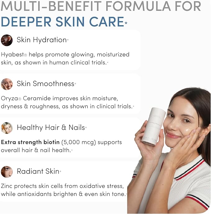 Glow Anti Aging Supplement - Hyabest® Hyaluronic Acid, Ceramide, 5000 mcg Biotin, Vitamin A, C, E, Zinc - Hair Skin Nails Vitamins for Women & Men - Wrinkles & Skin Hydration - 60 Capsules