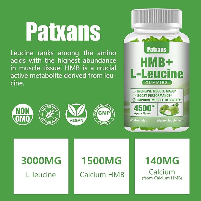 2 Packs HMB and L-Leucine Gummies, 4500mg, for Muscle Growth, Muscle Relief and Workout Recovery, for Men & Women, Non-GMO, Vegan, Gluten Free, Apple Flavor, 120 Count.