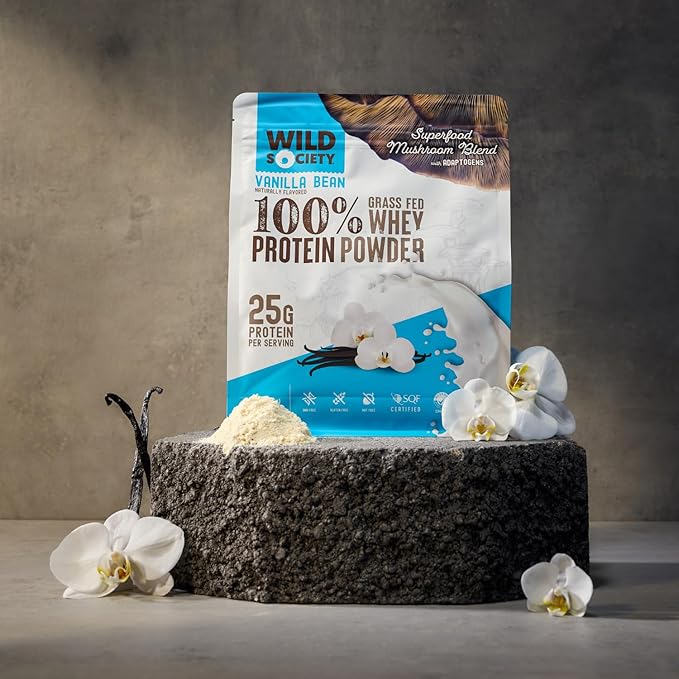 WILD SOCIETY - Premium 100% Grass Fed Whey Protein Powder + Superfood Mushrooms & Adaptogens - 25g Protein, Clean Protein Powder, 0 Added Sugar, Non GMO, Gluten Free - Vanilla Bean, 17.5 oz