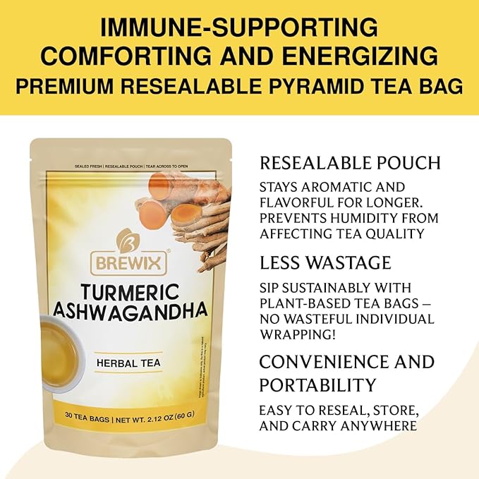 BREWIX, Turmeric Tea with Ashwagandha Root (30 Plant Based Tea Bags) Herbal Tea For Health & Wellbeing, Caffeine Free & Naturally Gluten Free | Supports Restful Sleep
