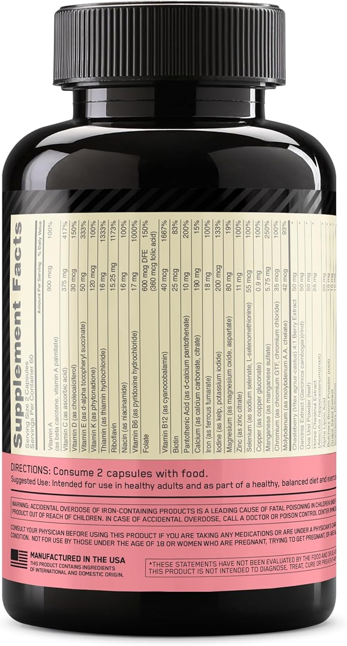 Optimum Nutrition Opti-Women, Vitamin C, Zinc and Vitamin D for Immune Support Womens Daily Multivitamin Supplement with Iron, Capsules, 120 Count
