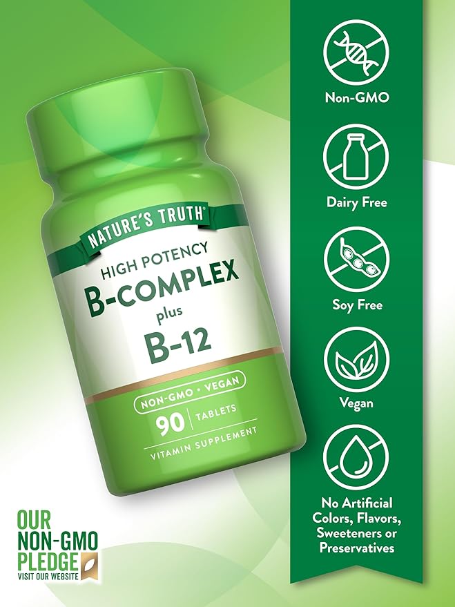 Nature's Truth Vitamin B Complex | Plus B12 | 90 Tablets | High Potency | Vegan and Non-GMO Supplement