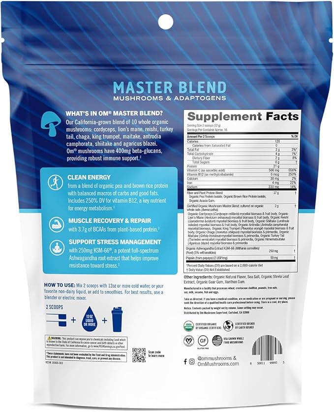 OM MUSHROOM SUPERFOOD Master Blend Plant-Based Protein Powder, 16 Servings, Creamy Vanilla with 10 Mushroom Blend & Adaptogens for Recovery