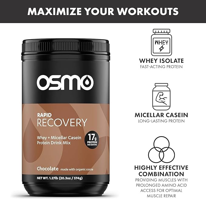Osmo Rapid Recovery - Whey & Micellar Casein Protein Powder Blend with Carbohydrates & Caffeine, All Natural Ingredients, Enables Muscle Repair & Boosts Glycogen Restoration - Chocolate, 14 Servings