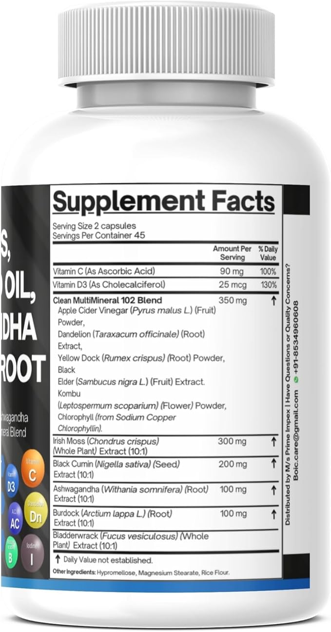 Sea Moss Capsules – Wildcrafted Irish Sea Moss with Black Seed Oil, Ashwagandha, Bladderwrack, Burdock Root, Turmeric & Elderberry – 15-in-1 Superfood Blend – 90 Capsules (Pack of 1)