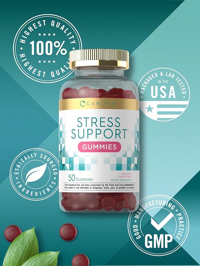 Carlyle Stress Support Gummies | 50 Count | with GABA and L-Theanine | Strawberry Lemon Flavor | Non-GMO, Gluten Free Supplement