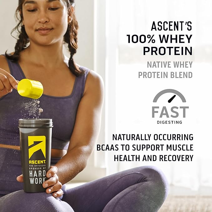 Ascent 100% Whey Protein Powder - Post Workout Whey Protein Isolate, Zero Artificial Flavors & Sweeteners, Gluten Free, 5.5g BCAA, 2.6g Leucine, Essential Amino Acids, Cookies & Cream 1.7 lb