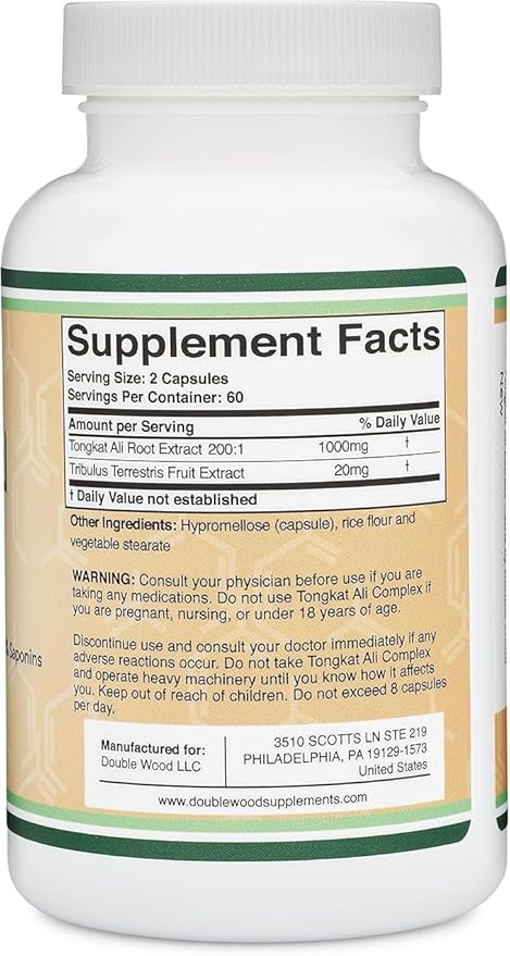 Tongkat Ali - 1000mg (2 Month Supply) - Men's Health - 200:1 Extract of (Longjack) Eurycoma Longifolia, with 20mg Tribulus Terrestris (Third Party Tested) by Double Wood