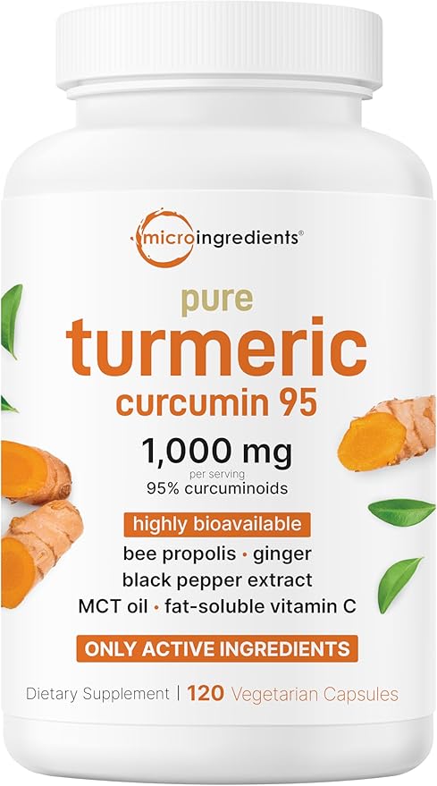 Pure Turmeric Curcumin Supplement 1,000mg | 95% Curcuminoids | 120 Veggie Capsules with Bee Propolis, Ginger, MCT Oil, Fat Soluble Vitamin C, & Black Pepper for Better Absorption | Filler Free