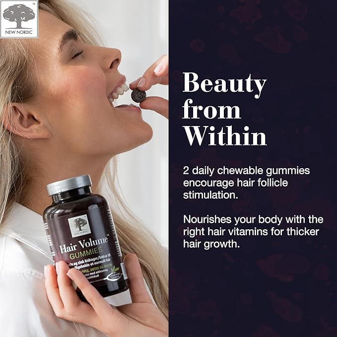 NEW NORDIC Hair Volume Gummies, 2500 mcg Biotin, Daily Hair Vitamins Supplement to Support Hair Skin & Nails, Vegan, 60 Count (Pack of 1)