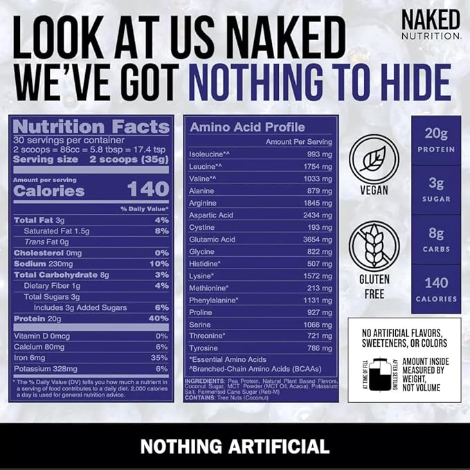 NAKED Shake - Blueberry Muffin Protein Powder - Flavored Plant Based Protein from US & Canadian Farms with MCT Oil, Gluten-Free, Soy-Free, No GMOs or Artificial Sweeteners - 30 Servings