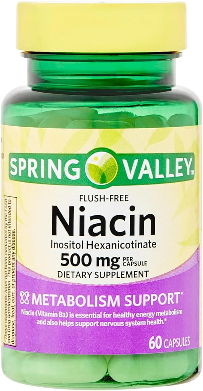 Spring Valley Vitamin B3 Niacin 500mg Flush Free Capsules, Dietary Supplement 60 Pills (Pack of 1)