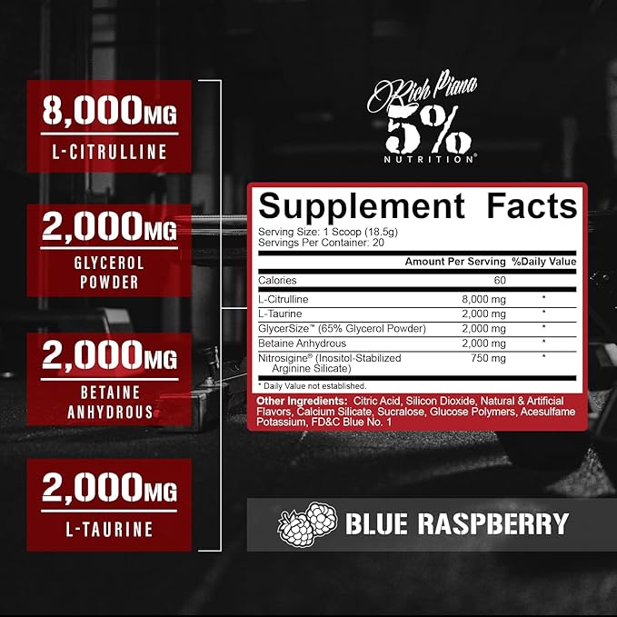 5% Nutrition FullAF Pre-Workout | Stim-Free with Massive Pumps | L-Citrulline, L-Taurine, Nitrosigine, GlycerSize | 13.05 oz (Blue Raspberry)