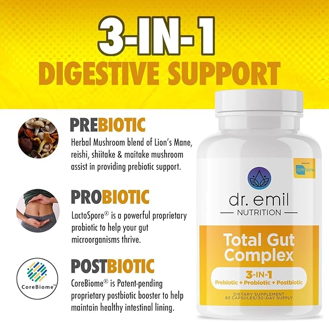 DR. EMIL NUTRITION Total Gut Health Complex - Prebiotic + Probiotic + Postbiotic Gut Health Supplements for Women and Men - Probiotics for Digestive Health & Gut Health, 120 Capsules