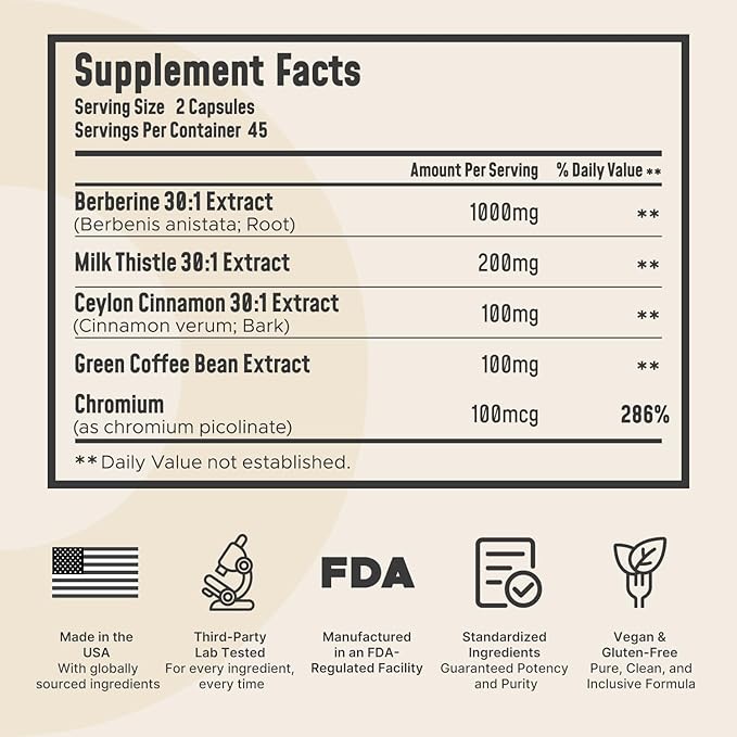 Berberine Supplement 1000mg with Ceylon Cinnamon: Berberine Supplement with Chromium Picolinate & Milk Thistle for GLP-1 Glucose Support - Made and Tested in USA - 90 Capsules
