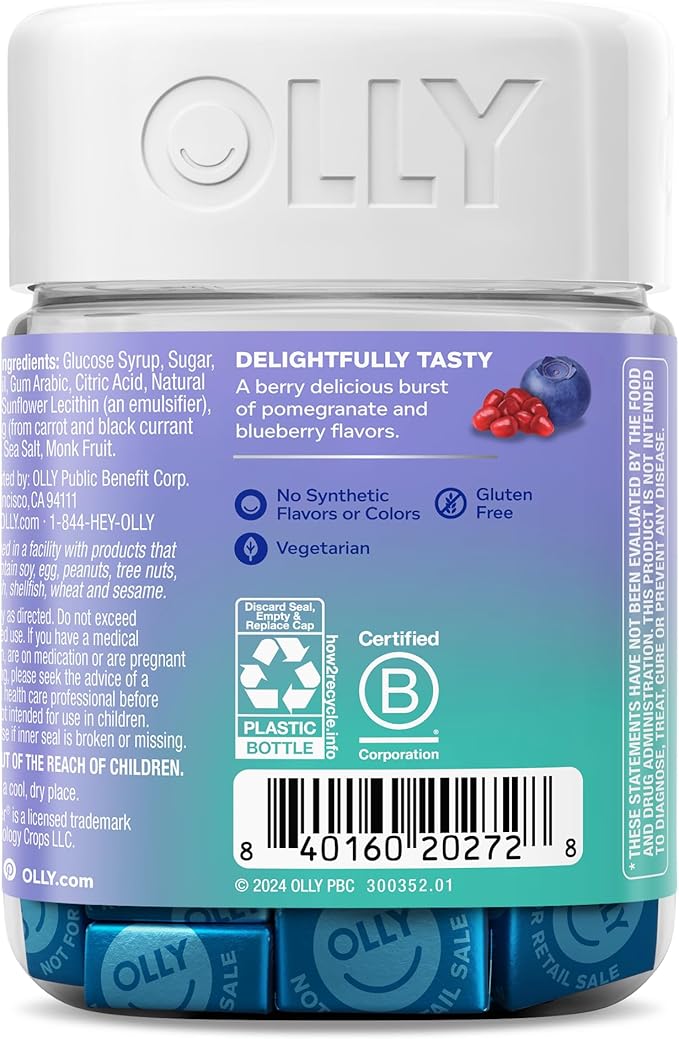 OLLY Chill Thinker Brainy Chews, Plus L-Theanine, Magnesium & Omega-3 for a Relaxed State of Mind, Pomegranate Blueberry Flavor, 20 Count
