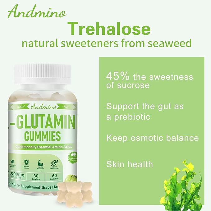 L-Glutamine Gummies 1000 mg, with Trehalose, L Glutamine Supplement Support Intestinal, Boost Immune & Muscle Health, for Adults & Kids, Non-GMO, Vegan, Gluten Free, Grape Flavor, 60