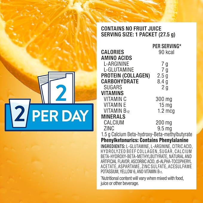 Juven Therapeutic Nutrition Drink Powder Including Collagen Peptides, Amino Acids, and HMB for Wound Healing Support, Orange, 30 Packets