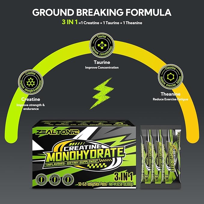 5000mg 99.9% Micronized Creatine Monohydrate Powder Stick Packs with 800mg of Taurine, and 200mg of L-theanine Supports Strength, Lean Muscle, & Recovery for Men & Women Creatine Packets 100 Servings